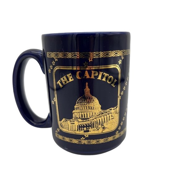 Washington DC Souvenir Coffee Mug The Capitol & White House Blue w/ Gold Trim - Picture 2 of 6